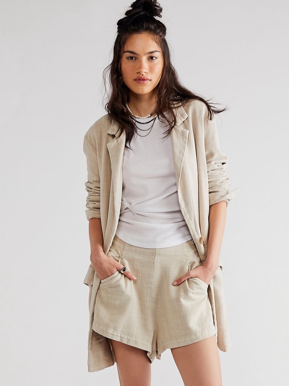 Free People Beige Linen Blend Oversized Blazer Small